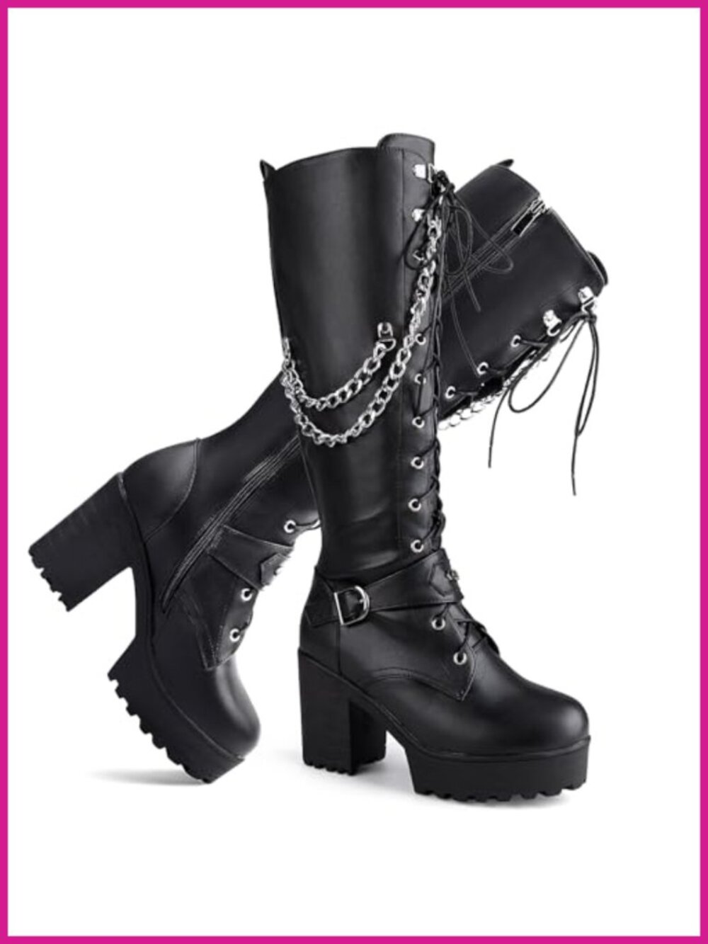 Faux Leather Knee High Platform Combat Boots Side Zip Lace Up